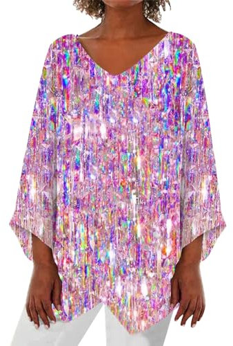 Generisch Langarmshirt Damen Oversize Pailletten Glitzer Festlich Bluse Abend Party Glitzertop Rundhals Langarm Oberteile Schön Glänzend Pailletten Tshirt Tops(B Rosa,M)