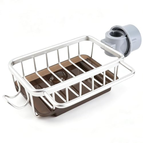 HERCHR Shower Caddy No Drill Faucet Storage Rack for Dia 18 to 28cm Non Slip Aluminum Kitchen Sponge Holder Sink Caddy Organizer Hanging Faucet Drain Rack Sponge Holder for Kitchen and Bathroom