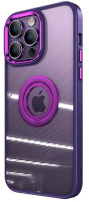 EiYioun Dual-color Case for iPhone 14 Pro Max, High Transparency Back Slim Case with Finger Ring Stand, Matte Frame Shockproof Non-Slip Protective Phone Bumper Cover Dark Purple