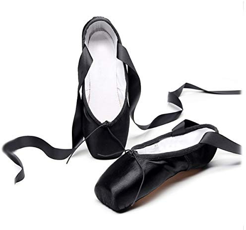 Xsclpomddy Ballett Spitzenschuhe Professionelle Ballettschläppchen Tanzschuhe mit Aufgenähten Bändern für Damen Mädchen,Black,35 EU
