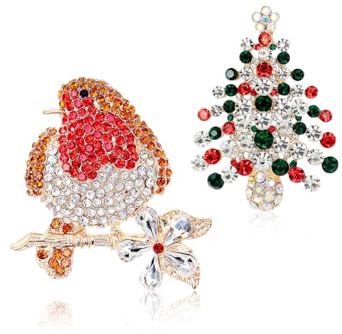 Bohue Weihnachtsbrosche und Weihnachtsbäume, Broschen-Set, Strass, Kristall, Weihnachtsschmuck, für Damen und Mädchen, 2 Stück, Legierter Stahl