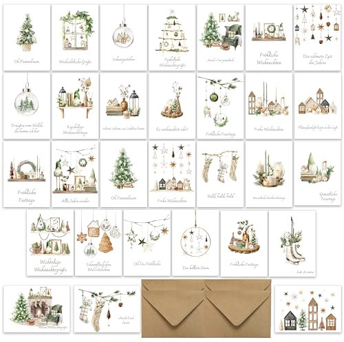 Weihnachtskarten mit Umschlag Set 30 Gemütliche und traditionelle Weihnachten - Klappkarten Weihnachtsgrußkarten
