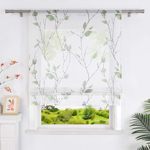 Heichkell Raffrollos ohne Bohren Transparente Raffgardine Gardine mit Blätter Druck Elegant Vorhang Raffrollo mit Tunnelzug Grün BxH 140x140 cm