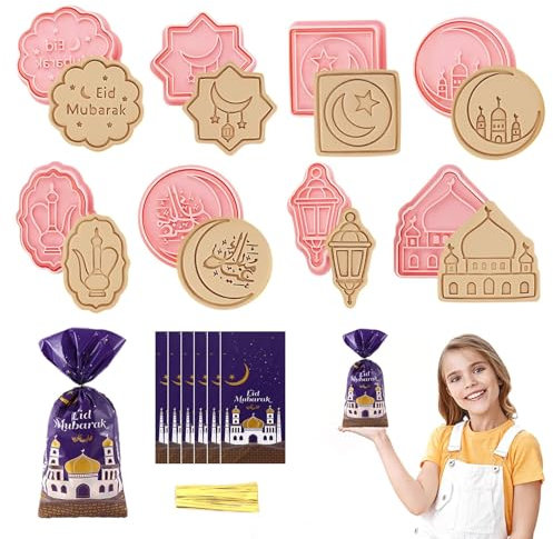 Ramadan Ausstecher set,8 Pcs Ramadan Ausstecher+50 Ramadan Taschen,Eid Mubarak Cookie Cutter,Ausstechformen Ramadan Kunststoff,Ramadan Cookie DIY Fondant Werkzeuge Eid Mubarak Party Dekorationen