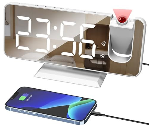 Digitaler Wecker, Projektionswecker, digitaler Nachttischwecker mit 180°-Projektor, 7,4 Zoll großes Spiegeldisplay, USB-Ladeanschluss, 4-stufiger Helligkeitsdimmer, Schlummerfunktion, Doppelalarmeinst