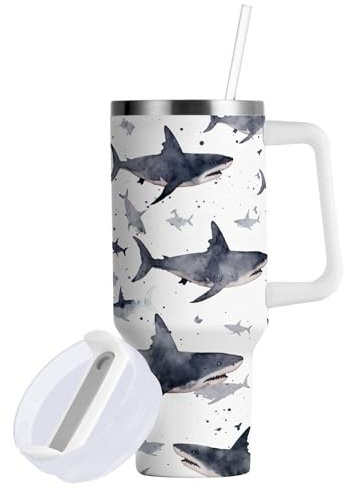 Sevdomey 40 ozSharks Tumbler with Handle and Straw Lid for Water Iced Tea or Coffee, Stainless Steel Insulated Leak-Proof Travel Coffee Mug Cup Gifts