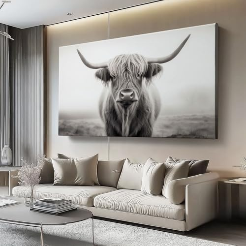 Bild auf Leinwand Tier-Yak, Schwarz-Weiß Leinwand-Wandkunst Bild Wanddekoration für Schlafzimmer Wohnzimmer 150L x50B cm ungerahmt Schwarz und Weiß