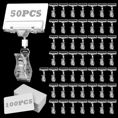50 Pièces Porte Etiquette de Prix Rotatif avec 100 Etiquette Prix, Plastique Transparent Pince Etiquette, Clips D'étiquettes de Prix, Pour Affichage De Prix En Supermarché, Mémo Et Cartes De Visite