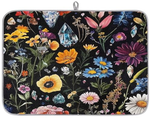 Mexpekil Tapis de séchage coloré vintage avec fleurs sauvages 45,7 x 61 cm, tapis de comptoir de cuisine absorbant, tapis égouttoir à vaisselle, séchage rapide, tapis de bar à café