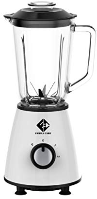 Family Care Batidora de Vaso de 800 W, Jarra de Cristal 1L, Cuchilla 6 Hojas Acero Inoxidable Desmontables, 4 Velocidades Incluida Turbo, Color Blanco