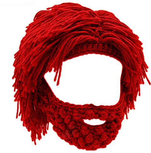 YEKEYI Perücke Bartmützen Kreative Barbarian Knit Wig Beanie Lustige Strickmütze Bart Lustige Party Beanies Skimaske, rot, Einheitsgröße