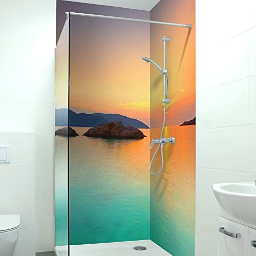 DRUCK-EXPERT Premium Duschrückwand 0,4 mm selbstklebendes Hart-PVC, Größe:2 x B 103 x H 240 cm Hochformat, Muster:Meerblick Romantisch
