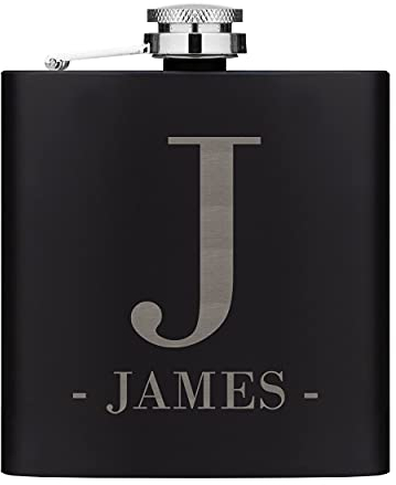 Personalised Hip Flask Custom Initials Big Letter & Name 6oz Matte Black Stainless Steel