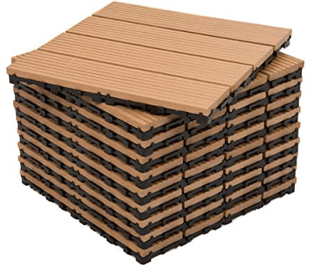 Pack of 10 - DEKCO Composite Wood Plastic Teak Decking Interlocking Tiles with Woodgrain Effect 30cm x 30cm
