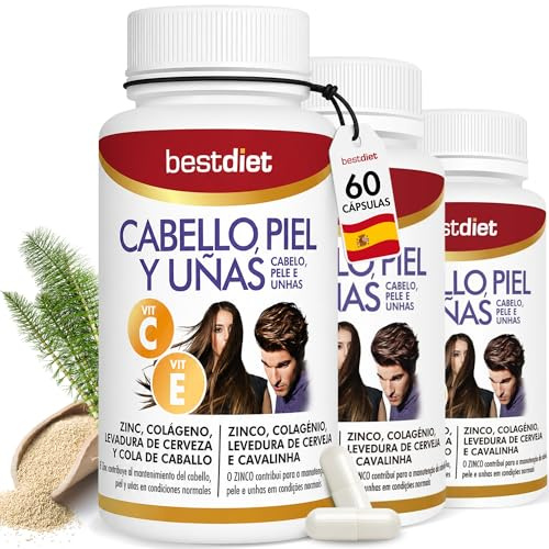 Vitaminas Cabello, Piel y Uñas 60 Cápsulas – Pack 3 Con Biotina, Zinc, Colágeno Marino Hidrolizado, Levadura de Cerveza y Vitaminas – Complemento Alimenticio para el Cuidado Diario – Best Diet