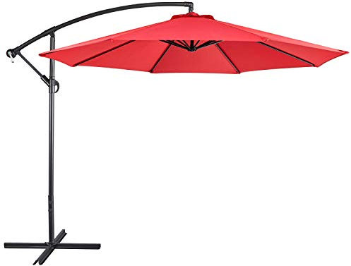 costoffs 3M Cantilever Banana Umbrella Parasol Hanging Offset Umbrella with Tilt & Crank Handle & Cross Base Red