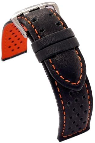 diloy Uhrenarmband glattes perforiertes Rindsleder Rallye Racing – Bunte Naht und Innenfutter – Größen 18mm 20mm 22mm 24mm – Schwarz mit Rot Blau Gelb Orange Weiß – Sportliches Design 380 Schwarz