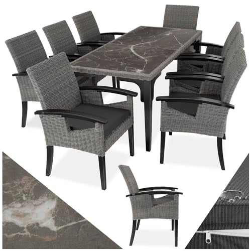 tectake® Rattan Möbel Set, 8X Stühle, 1x Tisch, modern, Korbsessel mit Armlehne, Esstisch Marmor Optik, Esszimmer Lounge Gartenmöbel für Balkon, Terrasse, Wintergarten, Outdoor Küche - grau