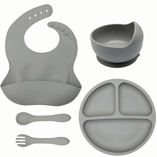 Syiyunran Set Repas Assiette Vaisselle Bébé - 5 Pièces Set En Silicone Pour Enfant Avec Ventouse, Assiette Pour Enfant Bol Bavoir CuillèRe Antidérapant Lavable Set Pour Vaisselle Pour En Silicone
