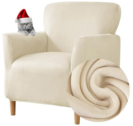 Highdi Stretch Sesselhusse - Elastische Samt Sofaüberzug für Clubsessel Mit Armlehne - Weicher Sesselschoner Sitzbezug Hussen (Beige)