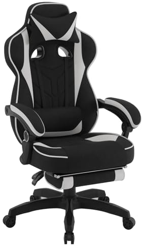 WOLTU Gaming Stuhl Stoff Stoff Kühl im Sommer Ergonomischer, 150 kg Belastbarkeit, Verstellbarer Rückenlehne, Ergonomische Lendenstütze, Fußstütze, Büro- & Game-Sessel, Schwarz+Grau