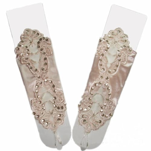 Asudaro Pailletten Spitze Satin Handschuhe Fingerlose Strass Brauthandschuhe Bestickte Handschuhe Abendhandschuhe Spitze Hochzeit Fingerring Prinzessin Handschuhe Prom Maskerade Tee Party