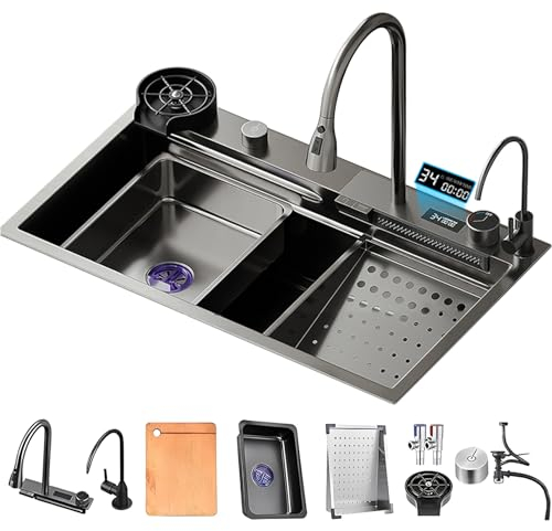 Fregadero De Cocina En Cascada, Indicador De Temperatura, Fregadero Multifuncional De Acero Inoxidable, Fregadero De Un Seno, Con Grifo Extraíble, Enjuagador De Vidrio Y Accesorios (S : 75x45x22cm)