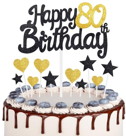 Gold Black 80th Birthday Cake Topper, Girls 80th Birthday Decorations, Gold Heart Stars Cake Toppers, Personalised Happy Birthday Cake Cupcake Toppers for Women Men Girls Boys Birthday Party