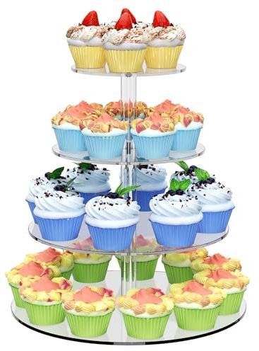 4 Tier Round Cupcake Stand, Acrylic Cupcake Display Stand for 50 Cupcakes, Clear Cupcake Holder Stand for Dessert Table, Cupcake Tower Stand for Wedding Birthday Party Graduation