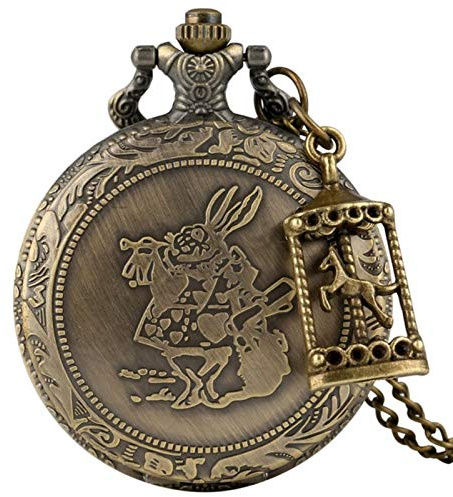 Halskette mit Taschenuhr aus Bronze, Alice im Wunderland, niedliches Kaninchen, Taschenuhr, Quarz, Anhänger, Kette, Uhr mit Karussell-Zubehör, Karussell-Zubehör
