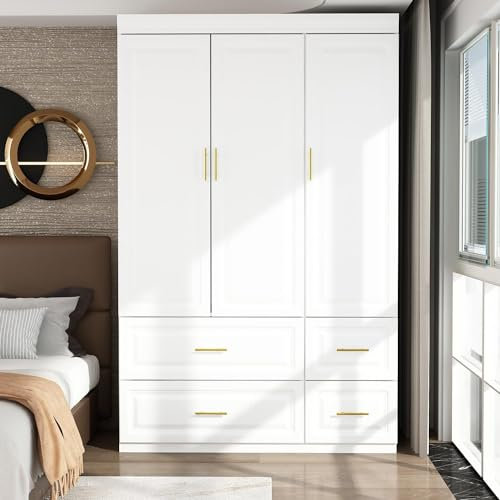 Armoire en bois avec tiroirs et rail de suspension, armoire de rangement à 3 portes pour meubles de chambre à coucher, finition blanche, 120 x 52 x 189 cm (l x P x H)