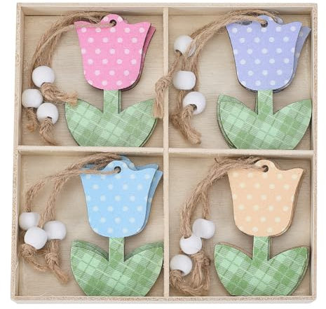GORGECRAFT 12pz Tulipano Ornamenti da Appendere Fiore di Legno Appeso con Spago Colorato Primavera Estate Floreale Ciondolo Piccolo Ornamento Artigianale Albero Casa Stanza Finestra Festa della Mamma