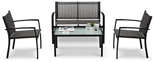 Mondeer Gartenmöbel 4er Set, Sitzgruppe im Garten und Balkon, Gartengarnitur mit 3 Stühlen und einem Glastisch, Dunkelgrau
