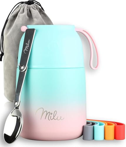 Milu Termo para Comida 450 ml Taza Aislada, Botella de Acero Inoxidable Aislada Alimentos, Beber y sopa de los niños de adultos Térmico (450ml/Menta Rosa)