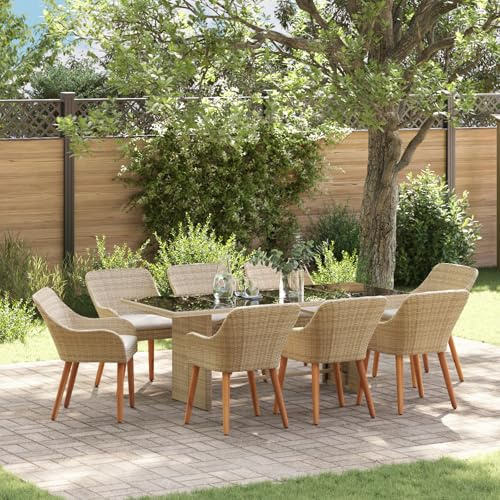 Youuihom 9-teiliges Garten Esstisch Set Beige Poly Rattan mit Glasplatte für 8 Personen Modernes Design & Wetterbeständig für Terrasse Balkon und Garten