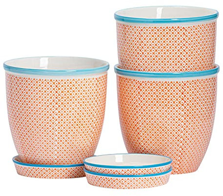 Nicola Spring Patterned Plant Pots with Saucers - Orange - 3 Pack - 20.5cm Porcelain Plant Pots Indoor Ceramic Planter with Drainage Holes and Tray Outdoor Garden Flower Planter