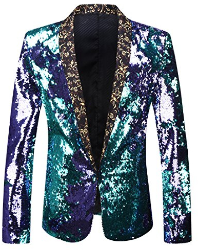 PYJTRL Herren-Blazer mit 2 Farben und glänzenden Pailletten (M, Blau + Violett)