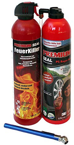 Premium-Seal Set Feuerkiller 500ml & Reifenpannenset 650ml, Reifendichtmittel PKW Reifen bis 2,5 bar & Feuerlöschspray
