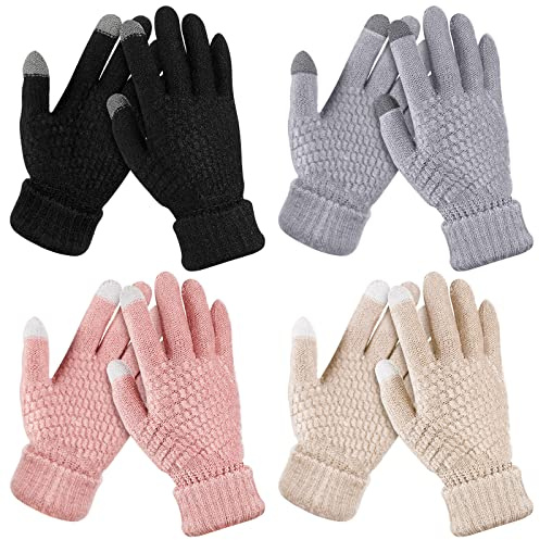 Coume 4 Pairs Kids Winter Touchscreen Gloves Warm Fleece Lined Child Knit Gloves Elastic Cuff Winter Texting for Girls Boys(Black, Gray, Pink, Nude)