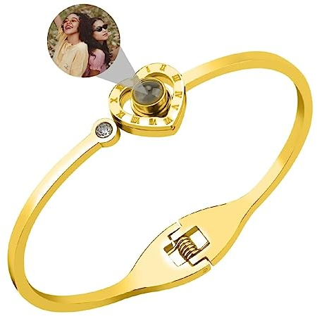Liskanap Personalisierte Foto Armband Rund/Herz Projektion Armband mit Eigenen Bild im Stein Lupe Foto Armbänder Verstecktem Fotoarmband für Frauen Damen Freundschaft Silber Rose Gold Einstellbar