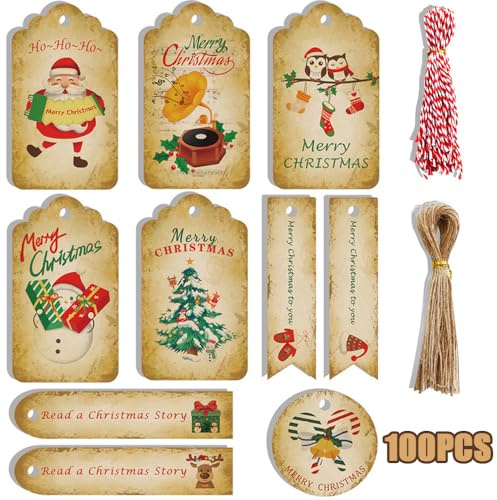 100 Stück Weihnachtsgeschenkanhänger,Geschenkanhänger Weihnachten Kraftpapier,Weihnachten Anhänger Geschenk (E)