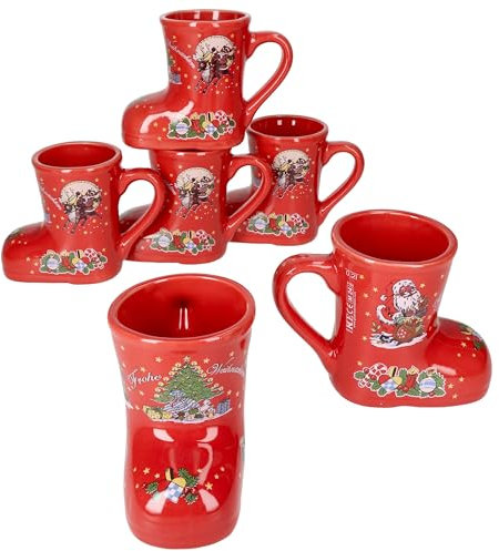 MamboCat 6er Set Glühweinstiefel rot mit Henkel I 200ml geeicht I Glühweinbecher mit Weihnachtsdekor & Schriftzug für 6 Personen I Keramik-Tasse für Tee, Eierlikör, Feuerzangenbowle
