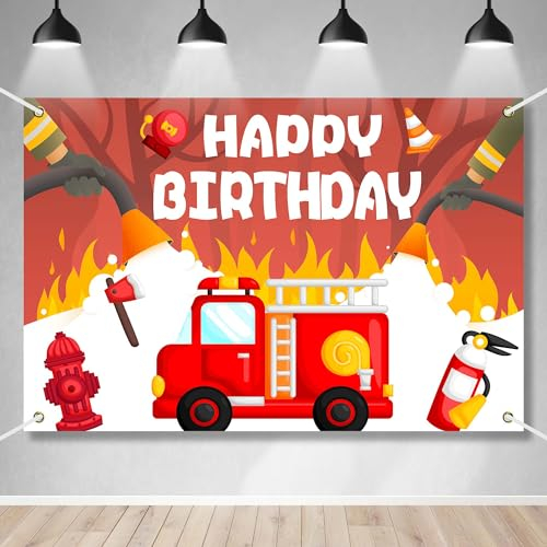 BECKTEN Feuerwehrauto Happy Birthday Banner Hintergrund Rot Sicherheitsausrüstung Feuerwehr Thema Dekor für Feuerwehrmann Jungen Geburtstag Party Photo Booth Favors Dekorationen, BN-XFC-02H