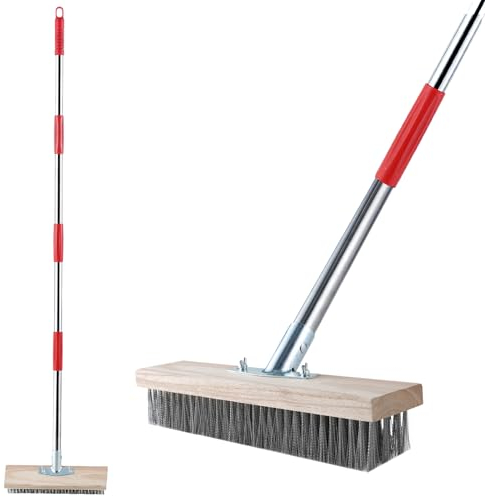 Mitclear Scopa in Filo Metallico con Manico Telescopico(145cm), Spazzola con Setole Metalliche Rigide per Rimuovere Erbacce, Muschio e Macchie Ostinate, Spazzola Esterni per Patio, Terrazza, Giardino