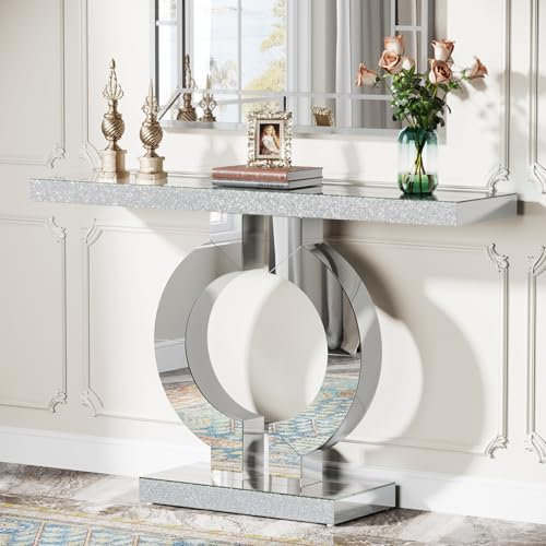 Tribesigns Modern Mirrored Console Table, Glass Sofa Table with Mirror Finish, 43-Inch Entryway Table with O-Shaped Base, Rectangular Accent Foyer Table for Living Room Hallway Entrance (Sliver)
