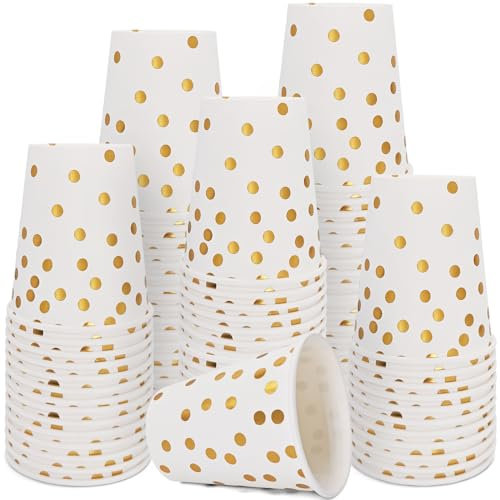 WYQJHKV Lot de 50 gobelets jetables en papier blanc et doré à pois pour anniversaire, mariage, fête - 255 g