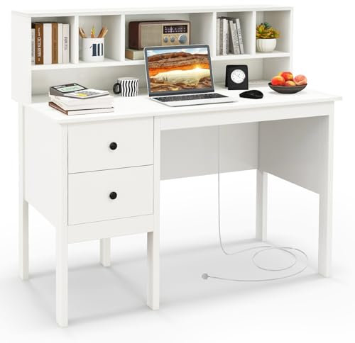 COSTWAY Computer Desk, 120CM Wooden Study Table Writing Workstation with Power Outlets, Storage Shelves and 2 Drawers, Modern PC Laptop Table Working Desk for Home Office Bedroom