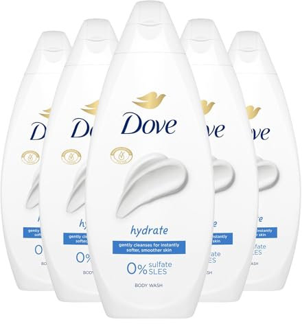 Dove Body Wash 0% Sulfate SLES for Women Made with Naturally Derived Cleansers and Plant Based Moisturiseres Gently Cleanses for Softer and Smoother Skin, 225ml (5 Pack, Hydrate)