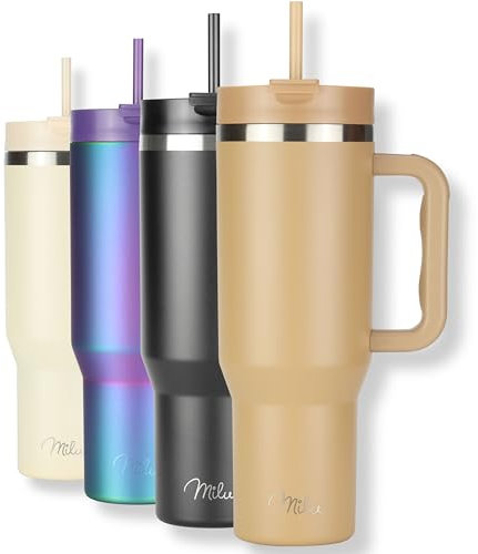 Milu Thermobecher 1200ml mit Strohhalm und Henkel – 48h Eis/24h kalt/12h heiß Edelstahl Tumbler 40oz mit Griff - Isolierbecher to go - Isolierflasche Trinkflasche doppelwandig isoliert (Braun, 1,2L)