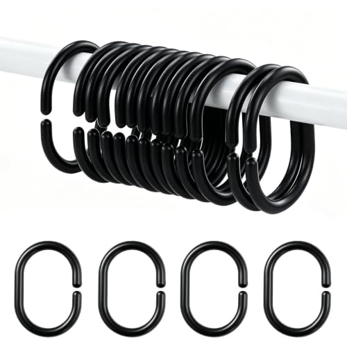 12 Pcs Plastic Shower Curtain Ring,Bathroom Shower Window Rod,C-Shaped Shower Curtain Hook Sliding Curtain Ring for Bathroom Shower Window Rod(Black)